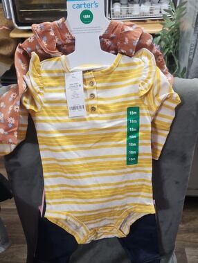 Carter's Yellow and White Stripe Ruffle-Shoulder One-Piece